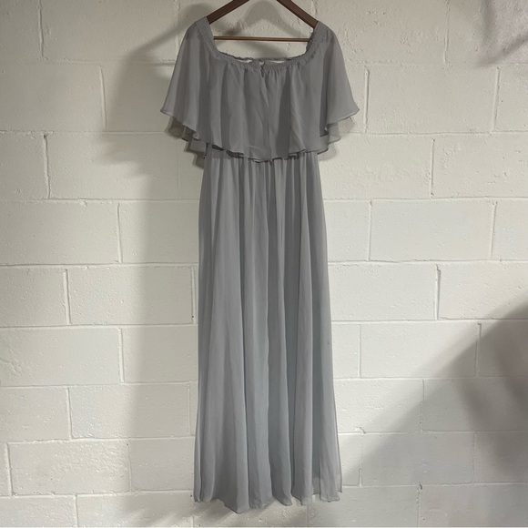 JJ House Silver A-line Off The Shoulder Chiffon Dress With Front Split Sz 2 - Picture 2 of 5